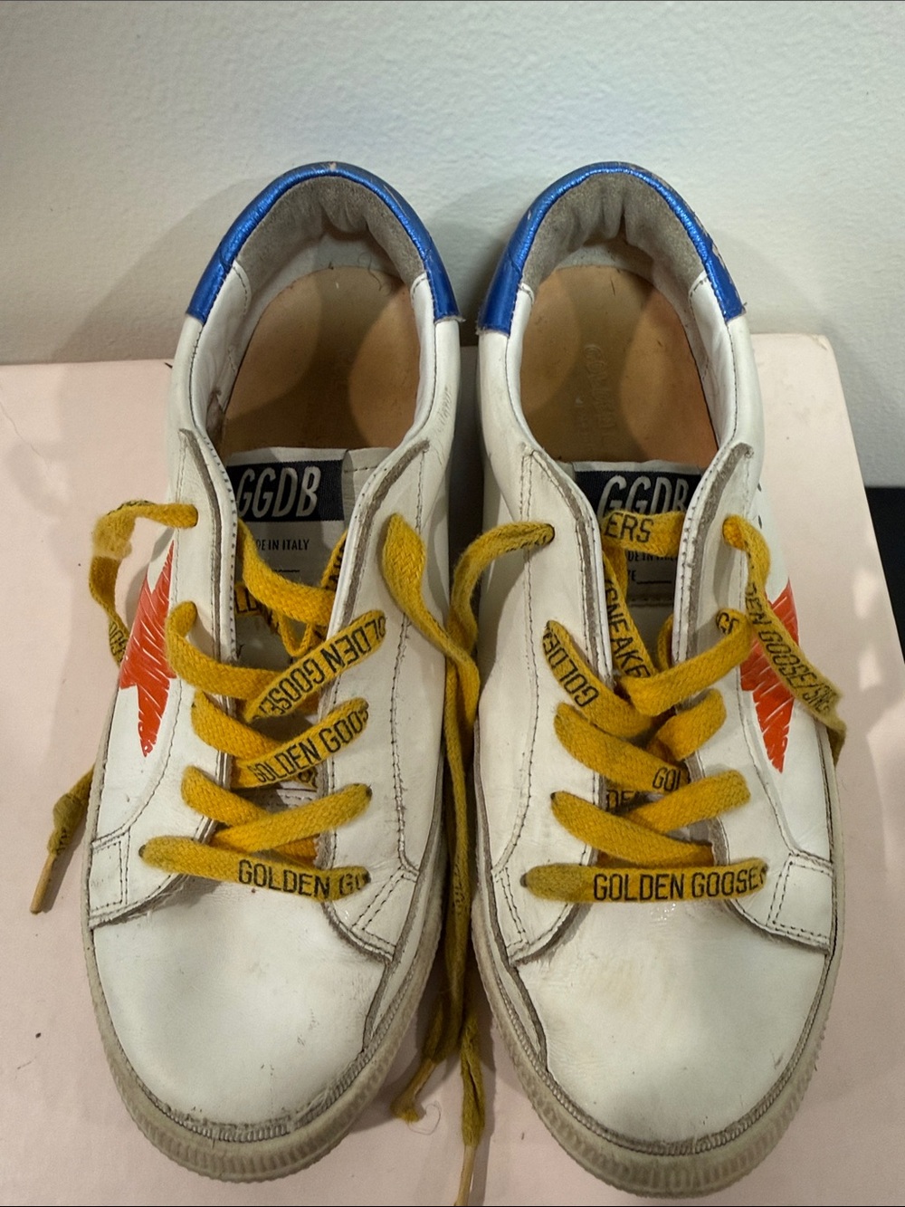 Golden Goose White Sneakers with Yellow Laces & Blue Heel Accent